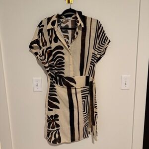 Mango MNG Womens Linen Blend Abstract Print Button Front Belted Dress Size 8
